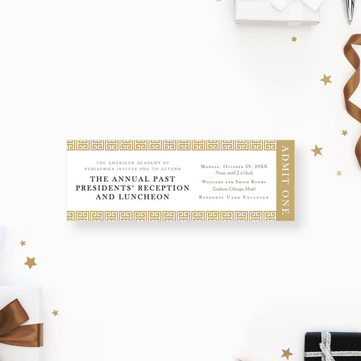 Elegant ticket invitation featuring a Greek key (meander) pattern, personalized pass for formal celebrations.
