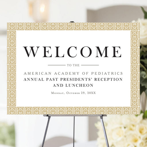 Elegant welcome sign with gold Greek key meander border, making it suitable for black-tie events and sophisticated social gatherings