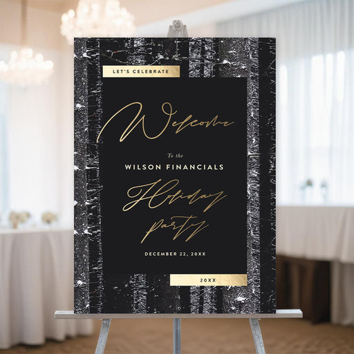 Elegant black and gold holiday party welcome sign on easel, personalized for corporate or formal seasonal events.