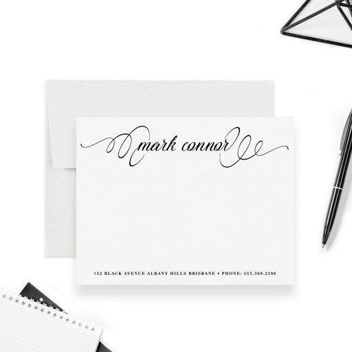 Elegant black and white personalized note card featuring stylish calligraphy font, perfect for professional or personal correspondence.