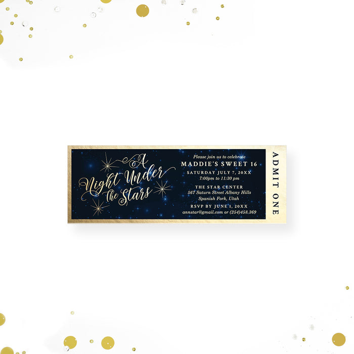 Celestial Sweet Sixteen Ticket Invitation, Elegant Ticket for A Night Under The Stars Party, Starry Night Ticket Card for Birthday Bash for Teens