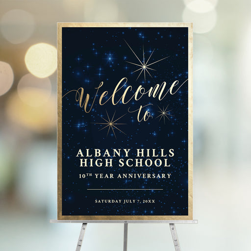 Elegant welcome sign for a starry night school reunion in navy and gold, featuring a celestial design that's perfect for an anniversary celebration.