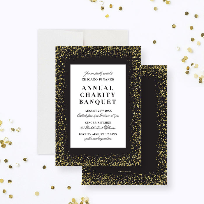 Personalized invitation card with gold sparkles on a bold black frame, ideal for elegant events.-front-back