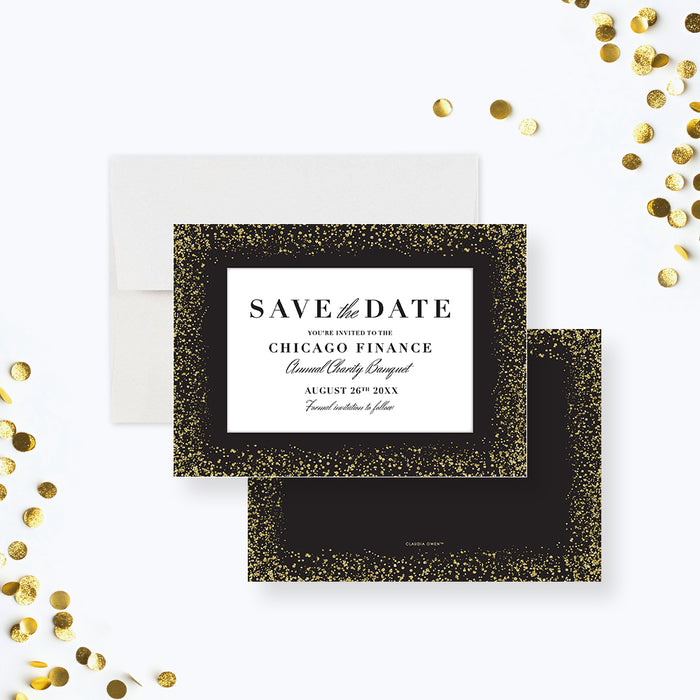 Elegant save the date card with black and gold sparkles design, customizable for formal celebrations-front-back