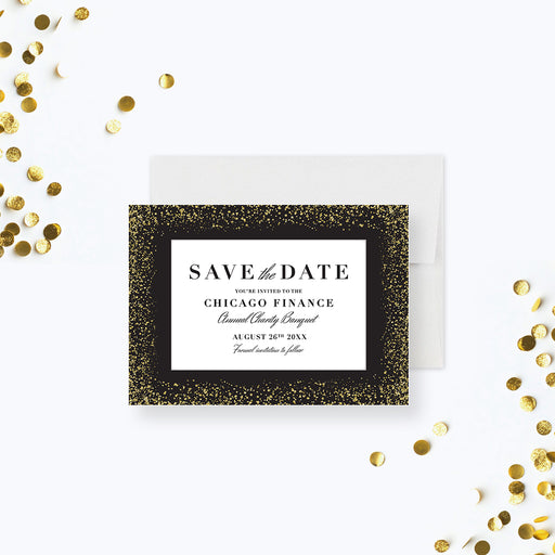 Elegant save the date card with black and gold sparkles design, customizable for formal celebrations-front