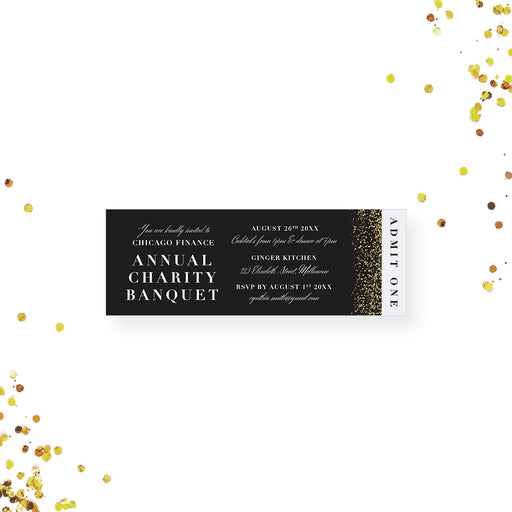 Elegant custom ticket invitation with gold sparkles, personalized entry pass for annual charity banquets.