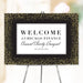 Personalized welcome sign featuring black and gold sparkles, ideal for elegant event displays or party decor.