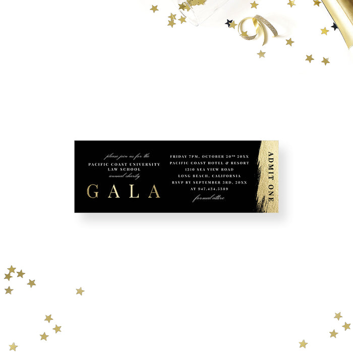 Elegant Black and Gold Ticket Invitation for Annual Charity Gala Events, Corporate Awards Night Ticket Invites, Business Fundraiser Banquet Ticket Card