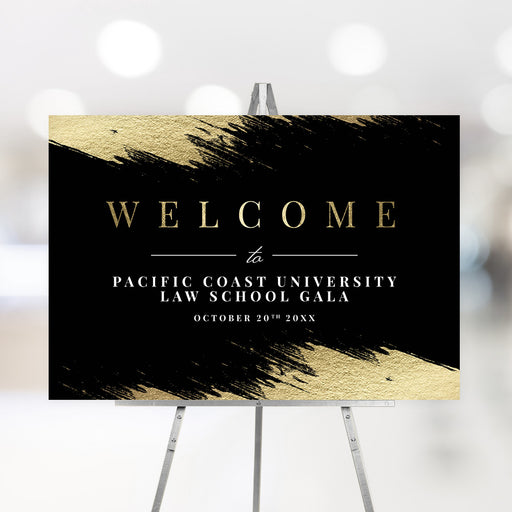 Elegant black and gold welcome sign with bold brushstroke design, ideal for corporate galas, law school events, or upscale fundraisers.