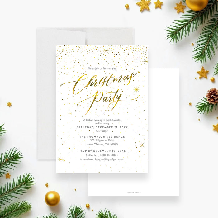 Elegant Christmas party invitation with gold script lettering, sparkling confetti design, and festive holiday theme for seasonal celebrations-front-back