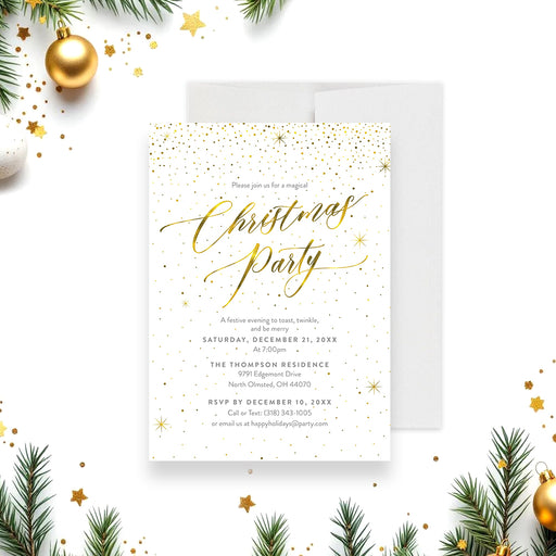 Elegant Christmas party invitation with gold script lettering, sparkling confetti design, and festive holiday theme for seasonal celebrations-front