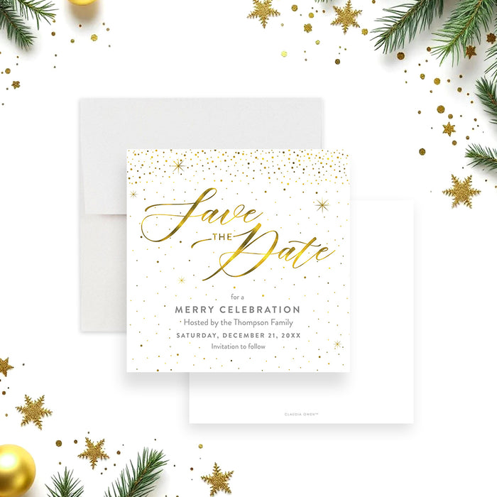Christmas save the date card with gold script lettering, sparkling confetti design, and elegant holiday theme for festive party celebrations-front-back