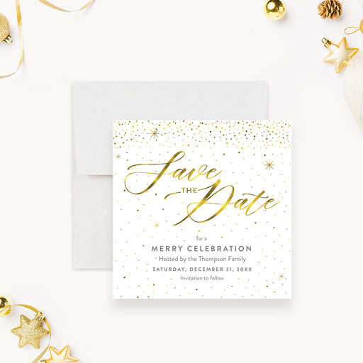 Christmas save the date card with gold script lettering, sparkling confetti design, and elegant holiday theme for festive party celebrations-front