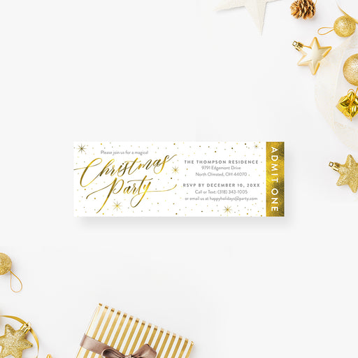 Christmas party ticket invitation with gold script lettering, admit one layout, and festive sparkle design for holiday celebrations