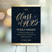 Navy and gold Class of 2025 graduation welcome sign with a starry background, displayed on an easel for ceremony or party entrance décor.