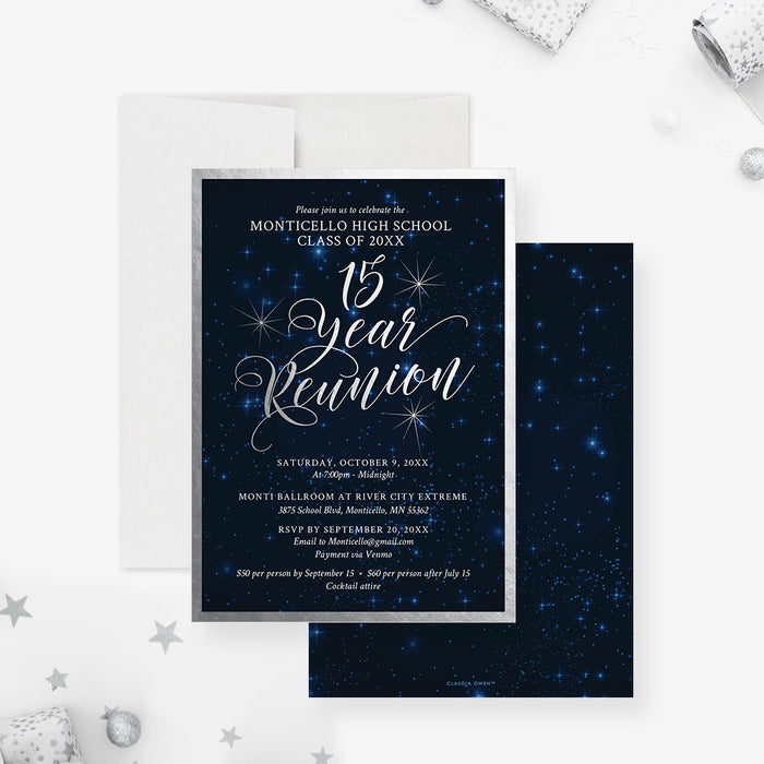 Custom 15-Year high school reunion invitation with navy blue starry night design and personalized school info and event details-front-back