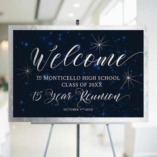 High school reunion welcome sign with silver script on a starry night background