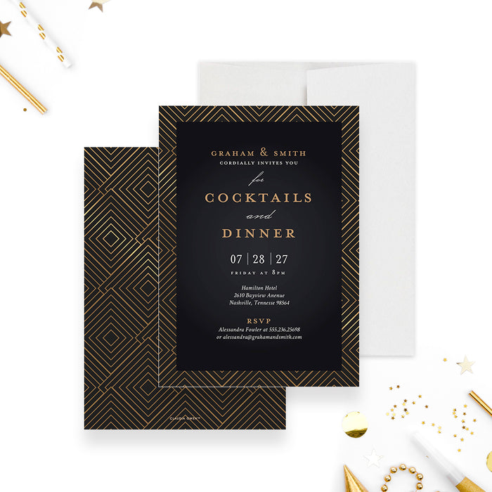 Black and Gold Geometric Invitation Card for Business Cocktail Party, Elegant Cocktail and Dinner Invitations, Corporate Dinner Invites