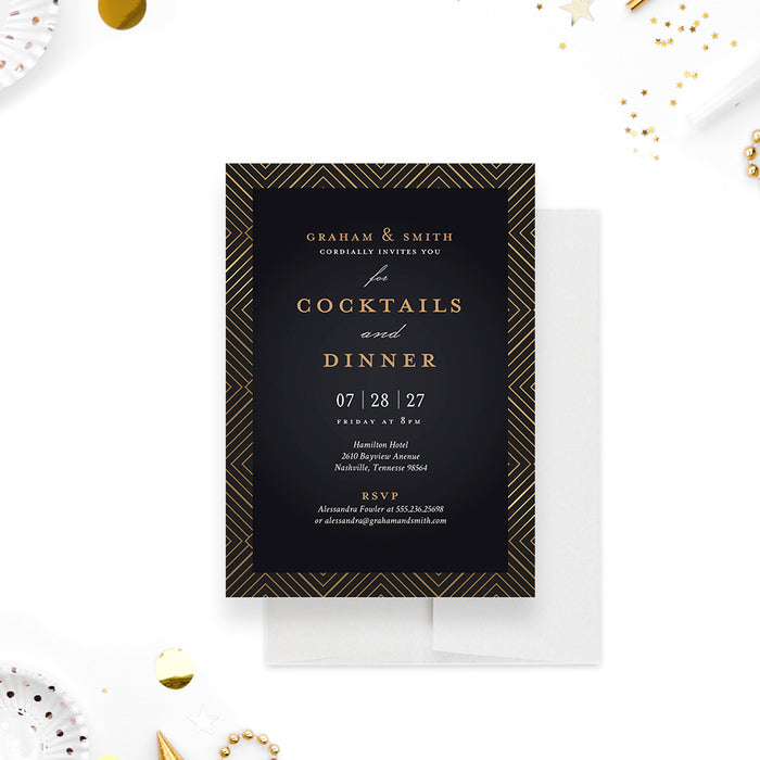 Black and Gold Geometric Invitation Card for Business Cocktail Party, Elegant Cocktail and Dinner Invitations, Corporate Dinner Invites