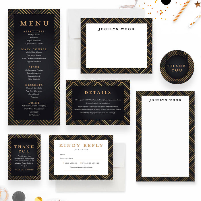 Black and Gold Geometric Invitation Card for Business Cocktail Party, Elegant Cocktail and Dinner Invitations, Corporate Dinner Invites