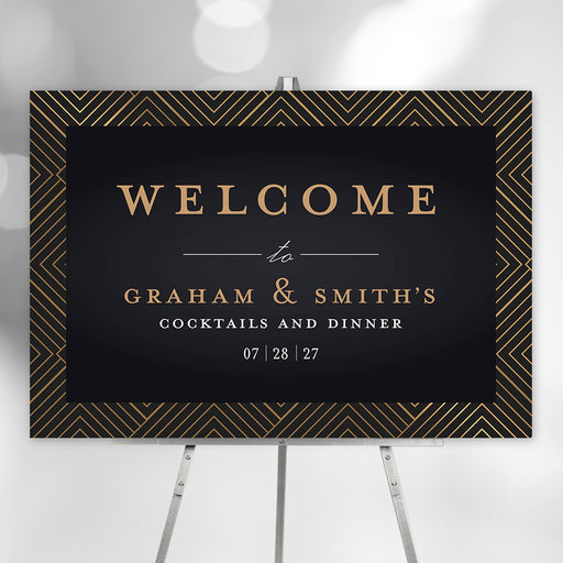 Black and gold personalized welcome sign for cocktail and dinner event with geometric border and custom event title and date.