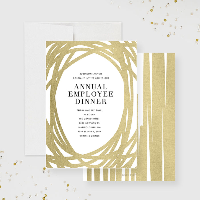 Personalized company annual employee dinner invitation card featuring an elegant gold border design.-front-back