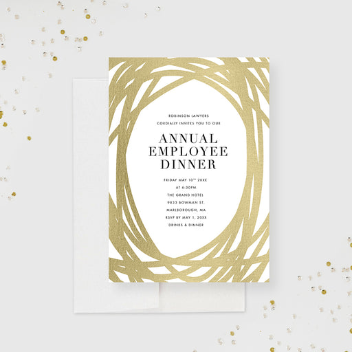 Personalized company annual employee dinner invitation card featuring an elegant gold border design.-front