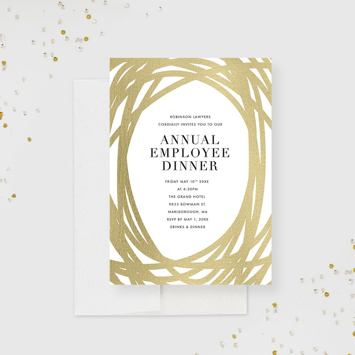 Personalized company annual employee dinner invitation card featuring an elegant gold border design.-front