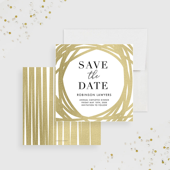 Company dinner save the date card with elegant gold design-front-back