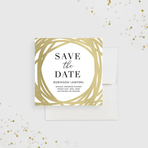 Company dinner save the date card with elegant gold design-front