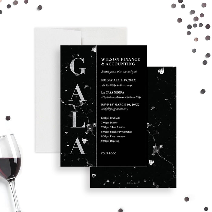 Black marble gala invitation featuring bold silver “GALA” lettering, event details, and a sophisticated monochrome design, ideal for formal events.-front-back