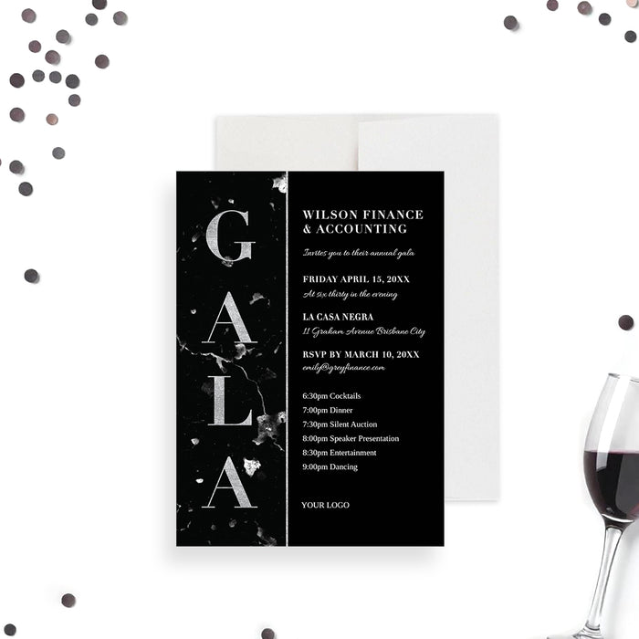 Black marble gala invitation featuring bold silver “GALA” lettering, event details, and a sophisticated monochrome design, ideal for formal events.-front