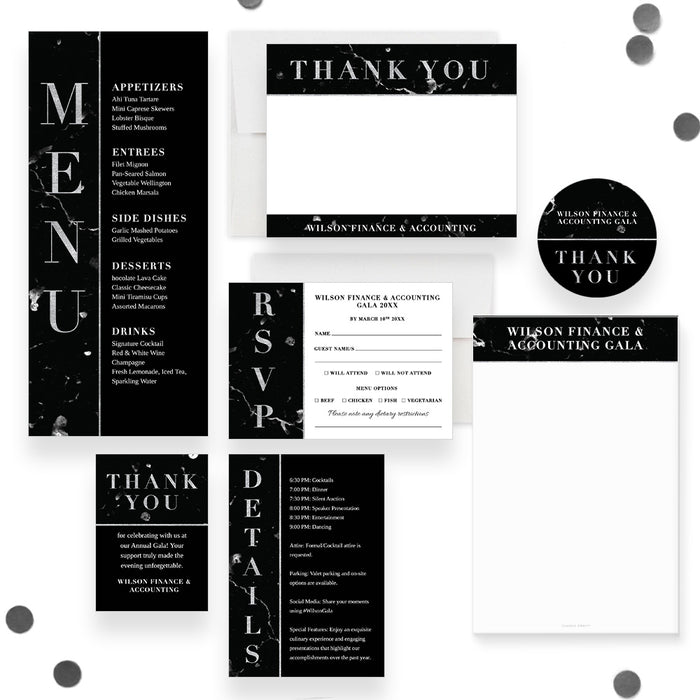 Collection of black and white event invitations and details on a white background.