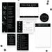 Collection of black and white event invitations and details on a white background.