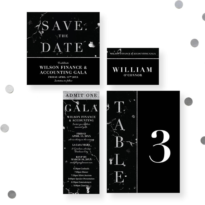 Set of black and white event invitations with text on a white background.