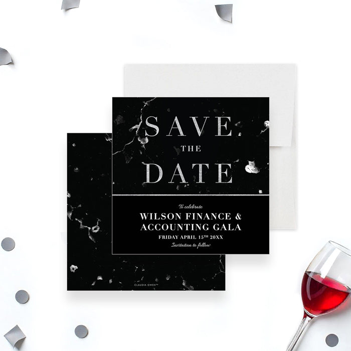 Elegant black marble save the date card for corporate gala or business event invitation.-front-back
