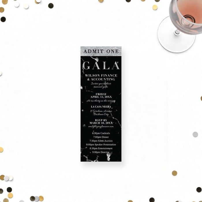 Elegant gala ticket invitation featuring a black marble background and silver accents, customized with event details.