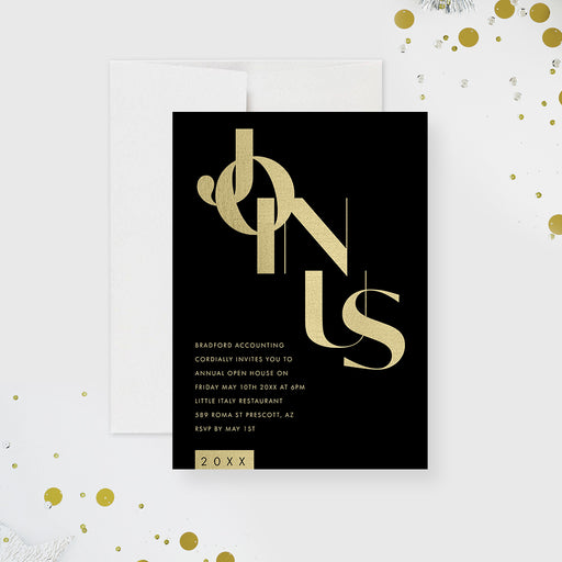 Black and gold invitation card featuring elegant gold stylized typography, ideal for formal corporate events.