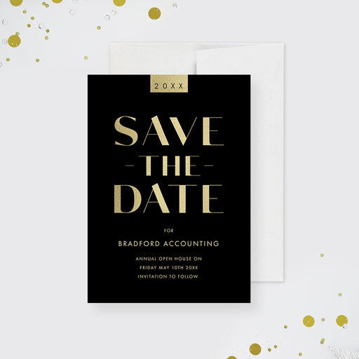 Save the date card perfect for a company open house or corporate event invitations.