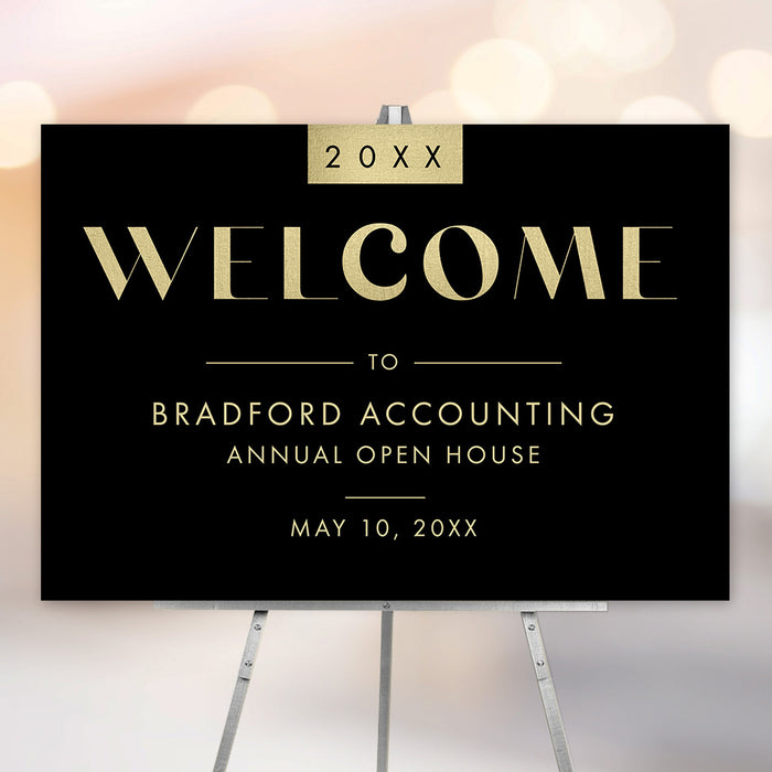 Black and gold business open house welcome sign, ideal for corporate events and formal receptions.