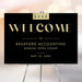 Black and gold business open house welcome sign, ideal for corporate events and formal receptions.