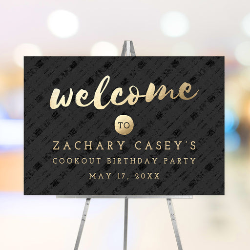 Black and gold cookout birthday party welcome sign with elegant gold lettering perfect for BBQ events and summer birthday celebrations.