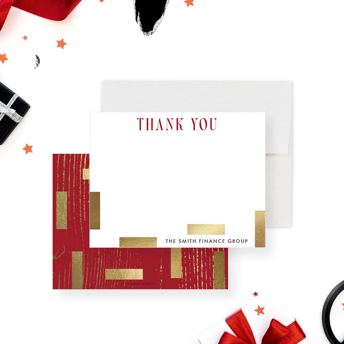 Personalized red and gold thank you card, customizable with name or business details.-front-back