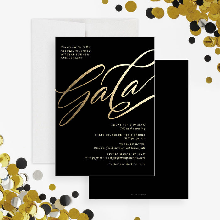 black and gold corporate gala invitation with elegant script typography for business anniversaries and formal black tie events-front-back