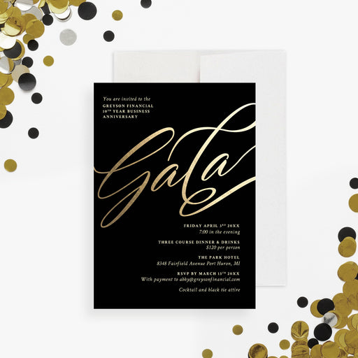 black and gold corporate gala invitation with elegant script typography for business anniversaries and formal black tie events-front