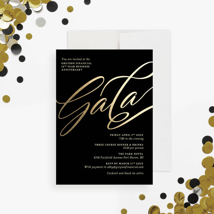 black and gold corporate gala invitation with elegant script typography for business anniversaries and formal black tie events-front