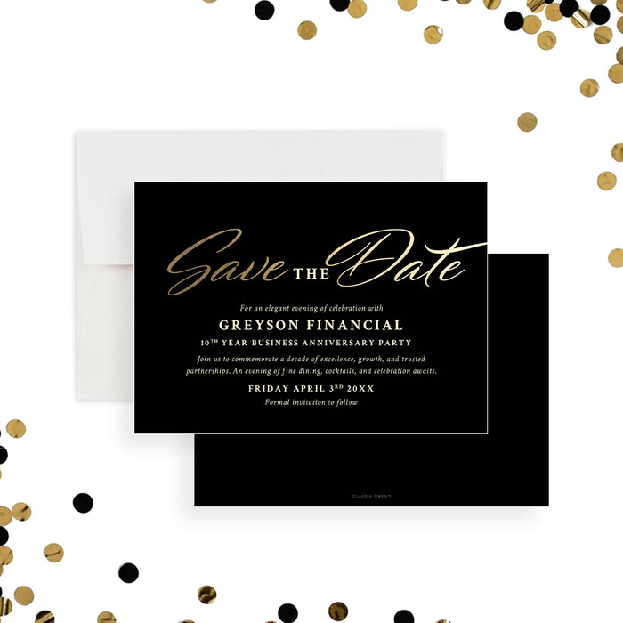 black and gold corporate save the date card with elegant formal business anniversary design-front-back