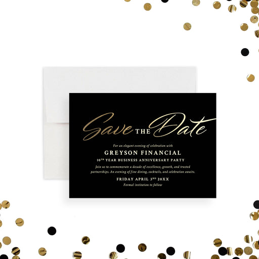 black and gold corporate save the date card with elegant formal business anniversary design-front