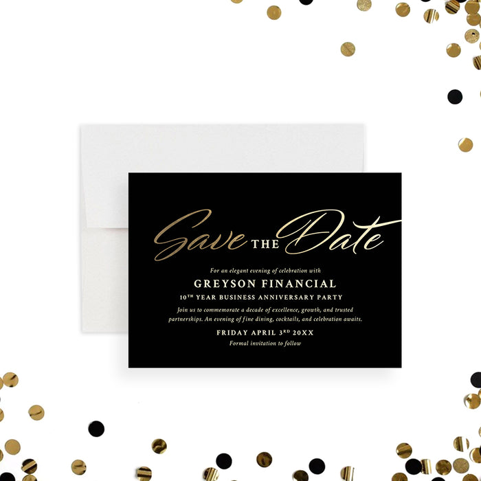 black and gold corporate save the date card with elegant formal business anniversary design-front