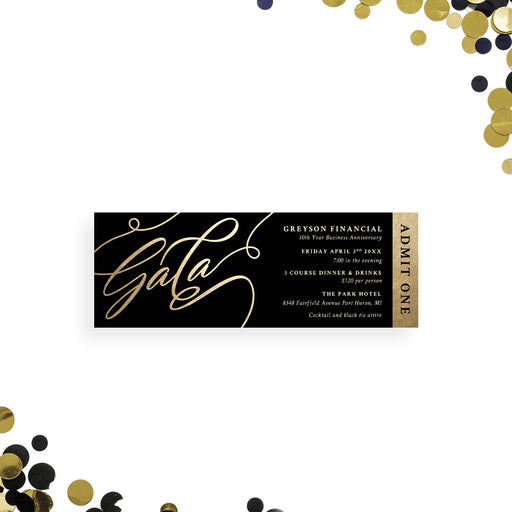 black and gold corporate ticket invitation with elegant admit one business gala design